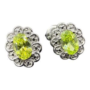 Oval Green Cubic Zirconia Stud Earrings 925 Sterling Silver Flower Shape